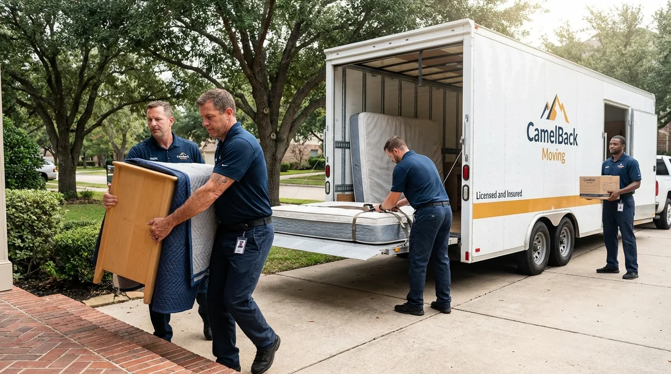 Crew loading residential truck for cross-state move from Big Flats, NY
