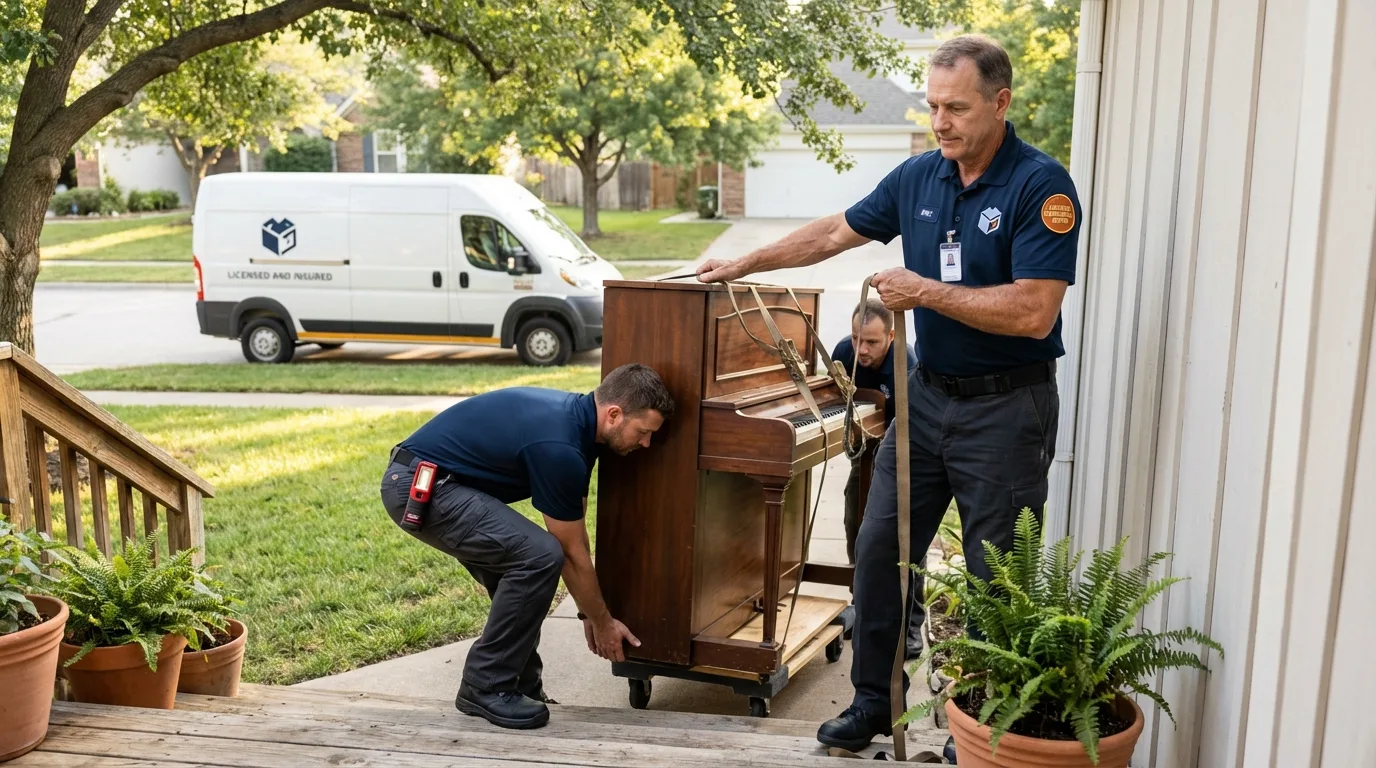 Licensed piano movers securing grand piano in Big Flats, NY